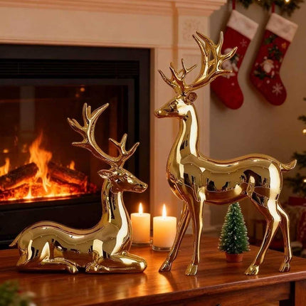 2Pcs Gold Reindeer Christmas Figurines - Indoor Holiday Decor Table Centerpieces