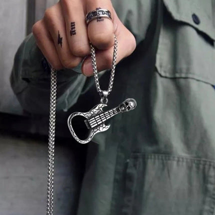 Hip Hop Biker Skull Guitar Pendant Necklace - Stainless Steel Rock Music Style Gift