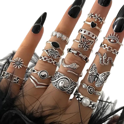 21 Pcs Retro Bohemian Geometric Inlaid Stackable Ring Set, Women’s Gift Jewellery