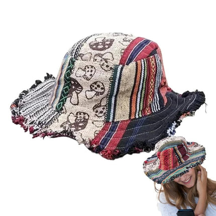 Handmade Multicolor Mushroom Pattern Hemp Fedora Hat with Hidden Pocket