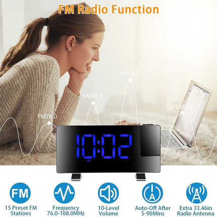 LED Curved Screen Digital Clock, Radio Projection Wake Up Alarm Clock