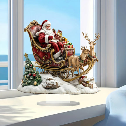 2D Santa Claus & Reindeer Sleigh Ornament, Flat Acrylic Material with Stand for Desktop Decor