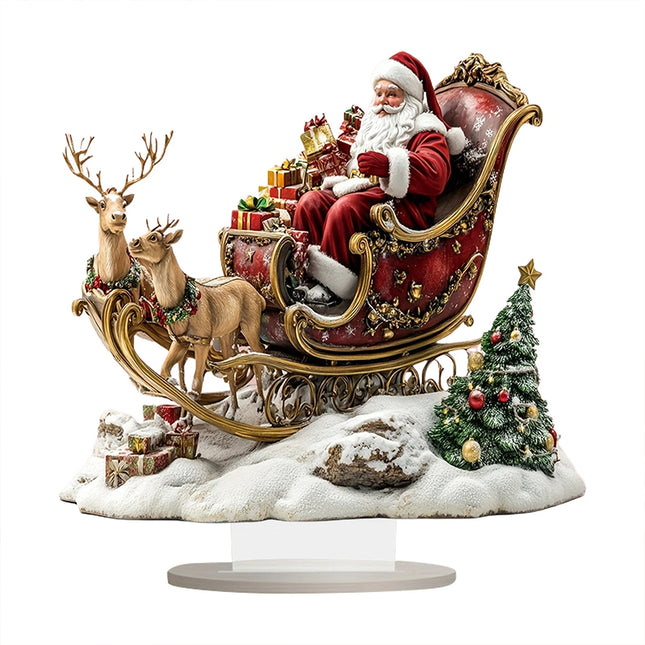 2D Santa Claus & Reindeer Sleigh Ornament, Flat Acrylic Material with Stand for Desktop Decor