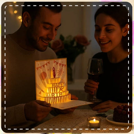3D Pop-Up Birthday Card with LED Light, Voice Recorder - Cake & Fireworks Design