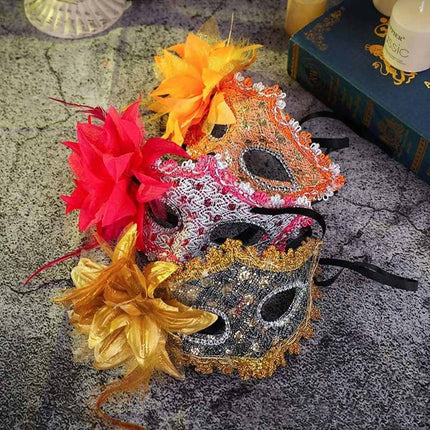 2 Pack Women Lace Light‑Up Masquerade Mask with Side Flower, Carnival Party Costume Accessory