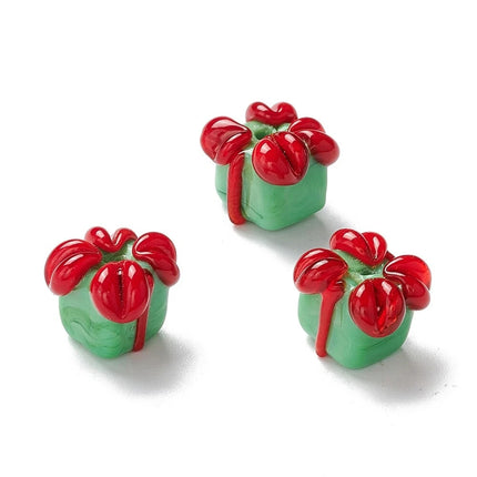 10Pcs Christmas Green Gift Box Shaped Lampwork Glass Beads, DIY Jewellery Making Accessories