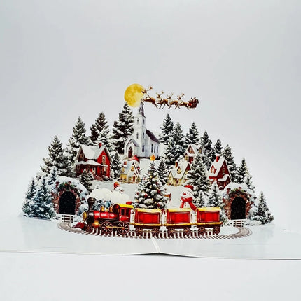Enchanting 3D Pop-Up Christmas Village Greeting Card – Snowman, Reindeer & Festive Fir Trees