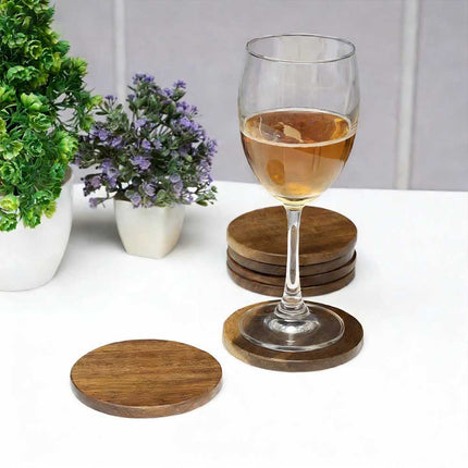 Round Coasters Set of 6 Acacia Wood for Drinks, Coffee & Tea Ideal for Home and Dining Use
