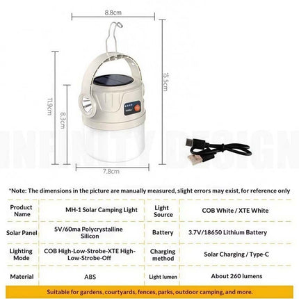 Solar Camping Lantern Flashlight LED USB Rechargeable Tent Lamp Portable Outdoor Lighting
