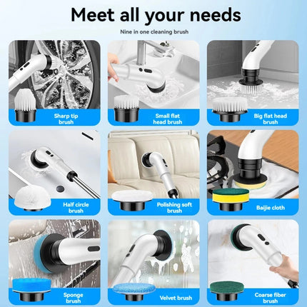 9 IN 1 Cordless Electric Spin Scrubber, Power Cleaning Brush for Bathroom, Multi-Functional Rotating Cleaning Tool