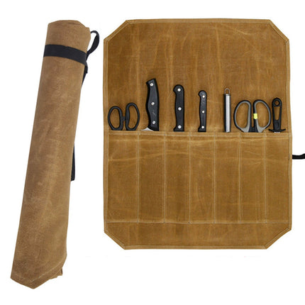 Khaki Canvas Kitchen Knife Roll Bag  Portable Storage Organizer for Chefs, Camping & Picnics