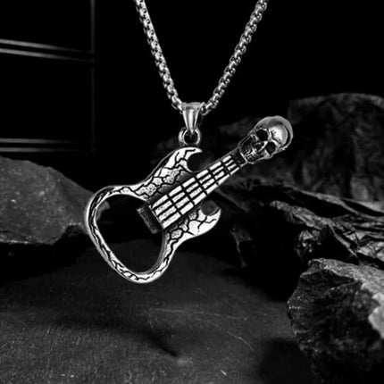 Hip Hop Biker Skull Guitar Pendant Necklace - Stainless Steel Rock Music Style Gift