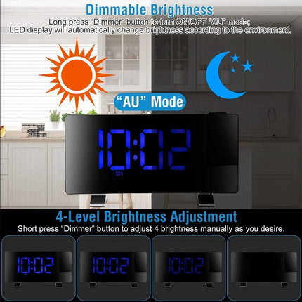 LED Curved Screen Digital Clock, Radio Projection Wake Up Alarm Clock