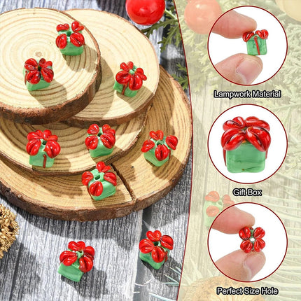 10Pcs Christmas Green Gift Box Shaped Lampwork Glass Beads, DIY Jewellery Making Accessories
