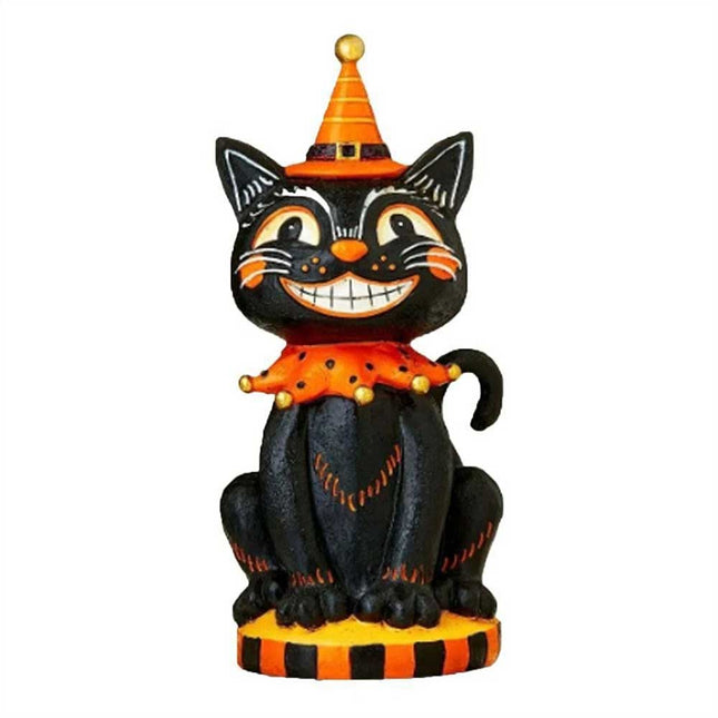 6 Inch Vintage Halloween Cat Figurine: Black & Orange Resin Decor for Home