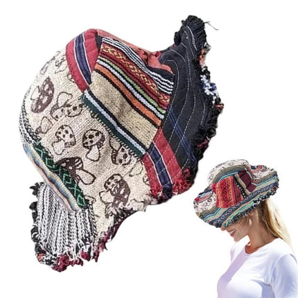 Handmade Multicolor Mushroom Pattern Hemp Fedora Hat with Hidden Pocket