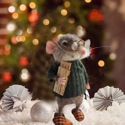 12CM Christmas Tabletop Ornament, Adorable Handmade Felt Mouse Figurine for Holiday Home Decor Fireplace Mantel Shelf