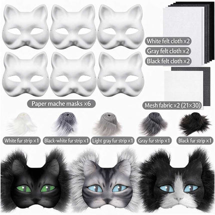Therian Cat Mask DIY Paint Kit with Wool Strips, Faux Fur Mask for Adult Halloween Cosplay Party