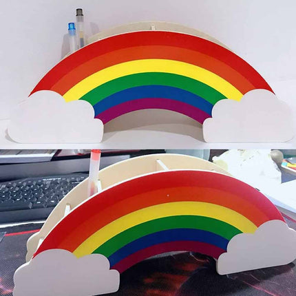 Rainbow Wooden Desk Organiser, DIY Pen & Pencil Holder with Phone Storage Compartment