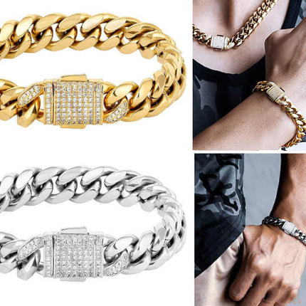 18k Gold Silver Curb 8inch Cuban Durable Urban Street-Wear Hip Hop Bracelet 12mm