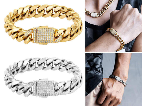 18k Gold Silver Curb 8inch Cuban Durable Urban Street-Wear Hip Hop Bracelet 12mm