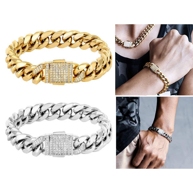 18k Gold Silver Curb 8inch Cuban Durable Urban Street-Wear Hip Hop Bracelet 12mm