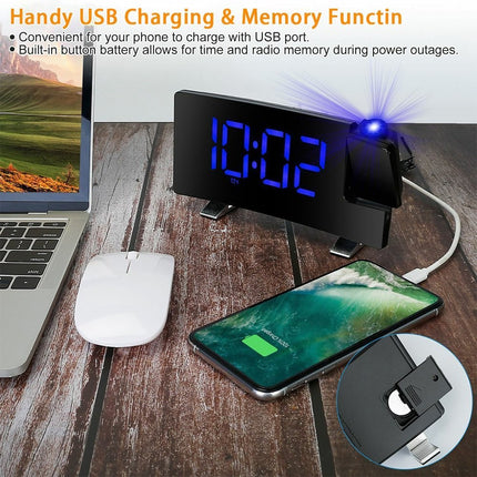 LED Curved Screen Digital Clock, Radio Projection Wake Up Alarm Clock