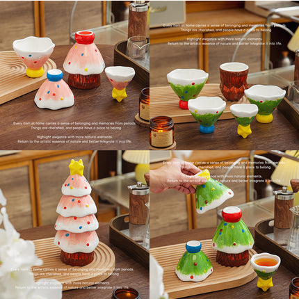 5‑Piece Christmas Tree Stackable Ceramic Tea Cup Set, Hand‑Painted Xmas Coffee Cups, Christmas Gift
