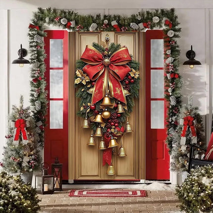 180*90cm Christmas Cloth Door Cover，Bells Wreath Ornament for Wall Festival Party Decoration