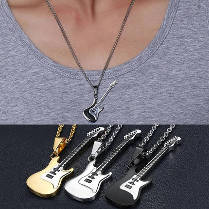 3-Piece Stainless Steel Rock Guitar Music Pendant Necklace Chain – Unisex Jewelry