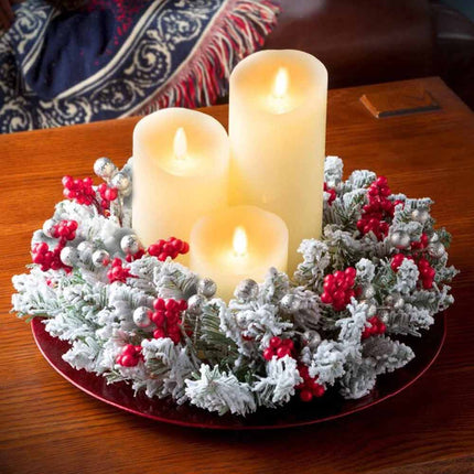 1 Pack Christmas Snow‑Dusted Red Berry Candle Ring Wreath, Table Centrepiece Ornament