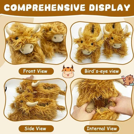 Highland Cow Slippers – Novelty Fluffy Plush Warm Animal Slippers (Adult & Kid Sizes)