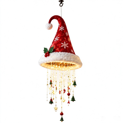 Light‑Up Hanging Santa Hat Ornament, LED Glowing Decoration with Star Tassel for Christmas Xmas Home Decor