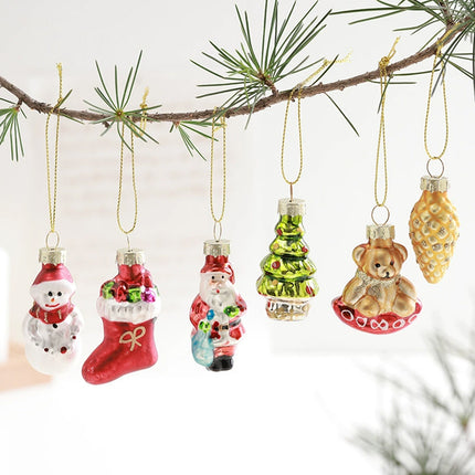 Set of 6 Retro‑Style Glass Christmas Tree Hanging Ornaments, Nostalgic Festive Decorations