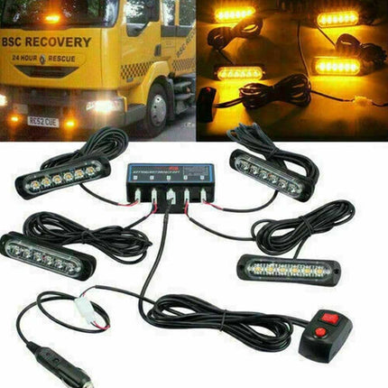 4-Pack 6-LED Amber Recovery Strobe Light 12V Flashing Marker Beacon Light Bar for Cars