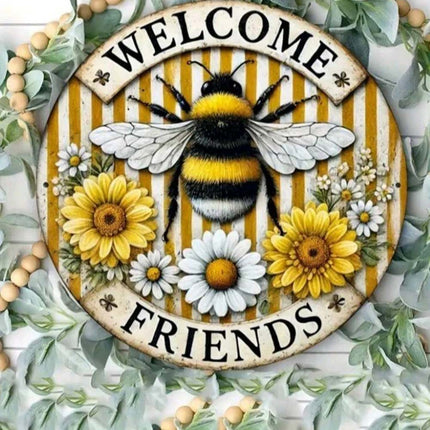 20cm Acrylic Round Hanging Sign, Yellow Honey Bee Decor, Welcome Friends Ornament