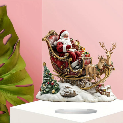 2D Santa Claus & Reindeer Sleigh Ornament, Flat Acrylic Material with Stand for Desktop Decor
