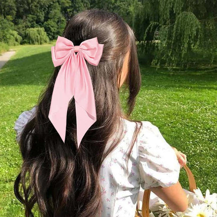 Korean Style Long Satin Bow Hair Clip, Premium Fabric Zinc Alloy Spring Barrette, Elegant Hair Accessory for Women & Girls