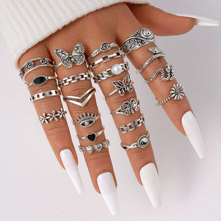 21 Pcs Retro Bohemian Geometric Inlaid Stackable Ring Set, Women’s Gift Jewellery