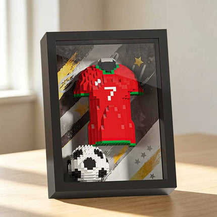 3D Football Jersey Brick Display Set with Dustproof Art Frame, Dual Use Wall Desk Ornament Gift for Football Fans