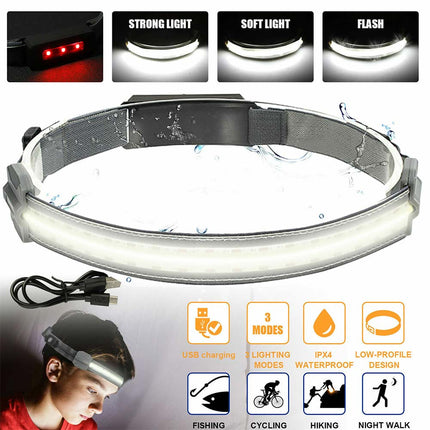 COB LED Headlamp Torch Flashlight Work Light Bar Head Band Lamp USB Charging