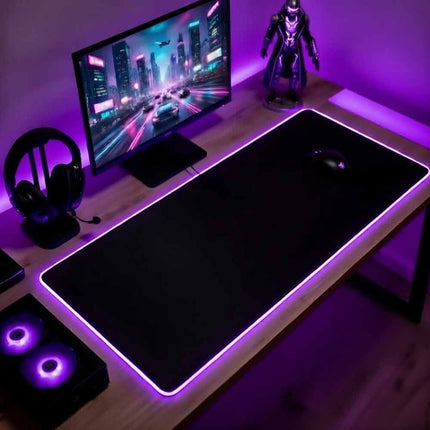 RGB Gaming Desk Mat 90×40cm, 3mm Thick Black LED Edge Lighting Large Non-Slip Keyboard Mouse Pad