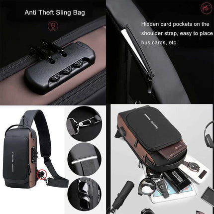 Men's Anti-Theft Crossbody Sling Bag with Lock & USB Charging Port, Lightweight Chest Shoulder Bag
