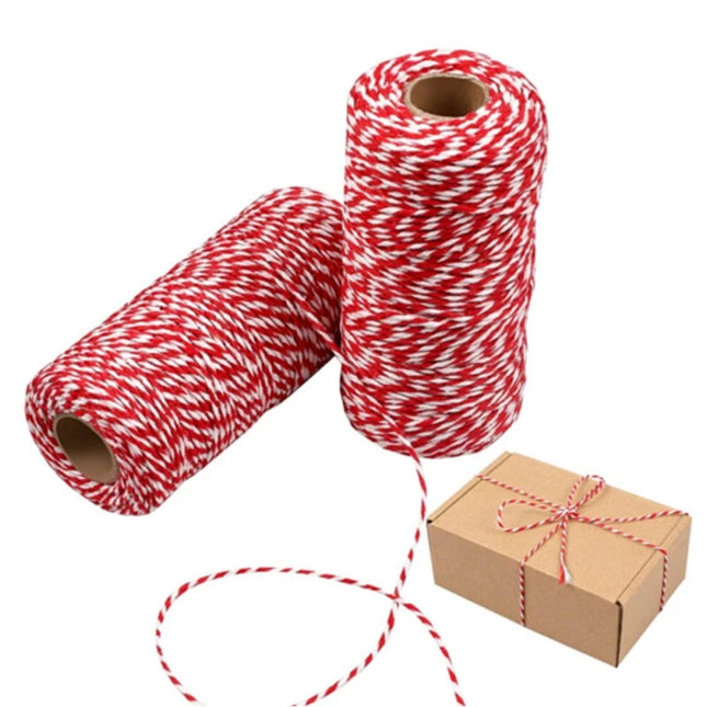 100m Red and White Twine Jute Cotton String – Multi-Use String for Gift Wrapping, Christmas Decor Accents & DIY Art Craft Creations
