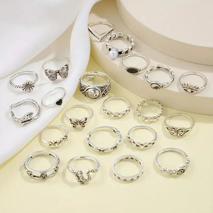 21 Pcs Retro Bohemian Geometric Inlaid Stackable Ring Set, Women’s Gift Jewellery