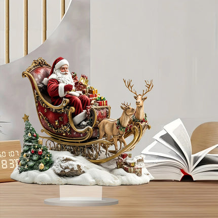 2D Santa Claus & Reindeer Sleigh Ornament, Flat Acrylic Material with Stand for Desktop Decor