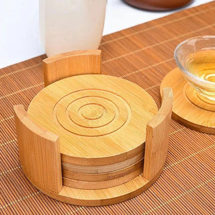 Set of 6 Round Bamboo Coasters with Storage Holder – 11.5cm Cup Mats for Tea & Coffee