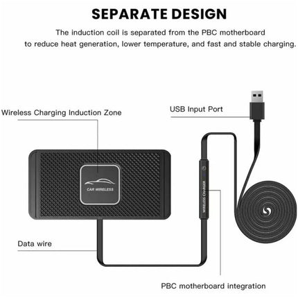 Car Wireless Fast Charging Charger Mat Non-Slip Pad Holder 1M Cable For Smart Phones