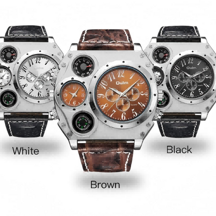 Men Army Sports Fashion Two Time Zones Big Dial Leather Strap Quartz Wrist Watch