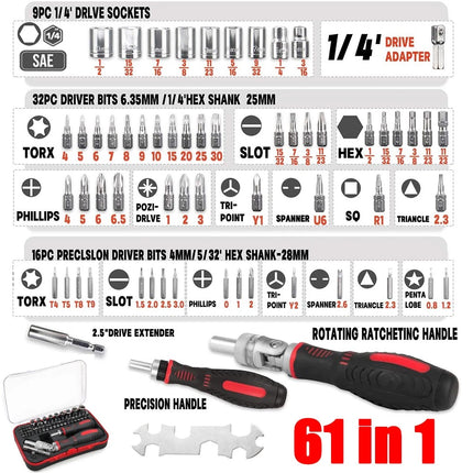 61-Piece Screwdriver Bit & Socket Set: 1/4-Inch Hex & Torx Bits, Plus Right-Angle Ratchet